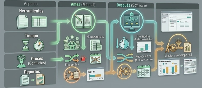 Ilustración comparativa antes vs después
